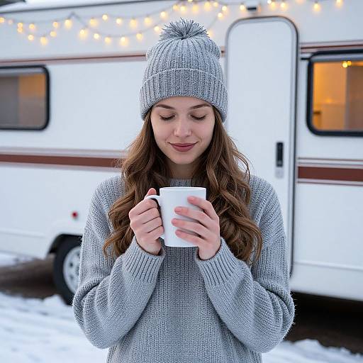 Photograph of a smiling young woman with long brown hair, wearing a gray knit hat and sweater, holding a white mug, standing in snowy outdoor background