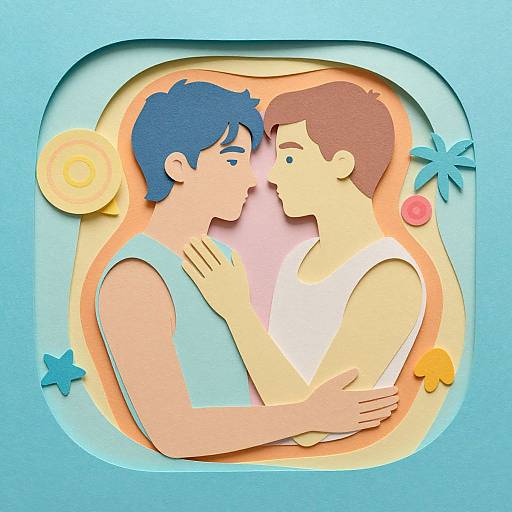 Digital illustration of a blue-haired man and a brown-haired woman in a close embrace, wearing sleeveless shirts, surrounded by colorful shapes.