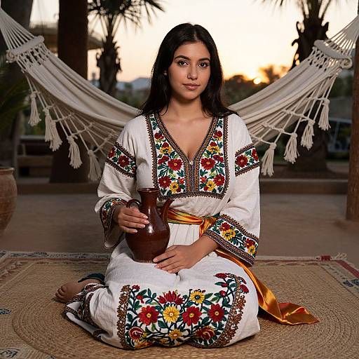 Photograph of a young woman with long black hair, wearing a white traditional embroidered dress, sitting on a rug, holding a brown clay jug, in