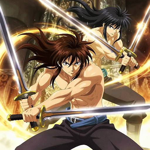 Dynamic anime-style drawing of two muscular, shirtless warriors with black hair, wielding glowing swords, surrounded by fiery energy in a dark, cathedral-like background