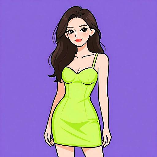 Digital illustration of a fair-skinned woman with long brown hair, wearing a bright yellow, form-fitting dress, against a solid purple background. She