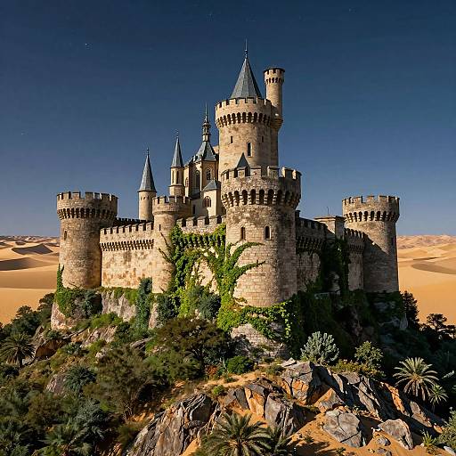 Photograph of a grand, medieval-style castle with multiple tall, blue-roofed towers, surrounded by lush greenery and desert dunes under a