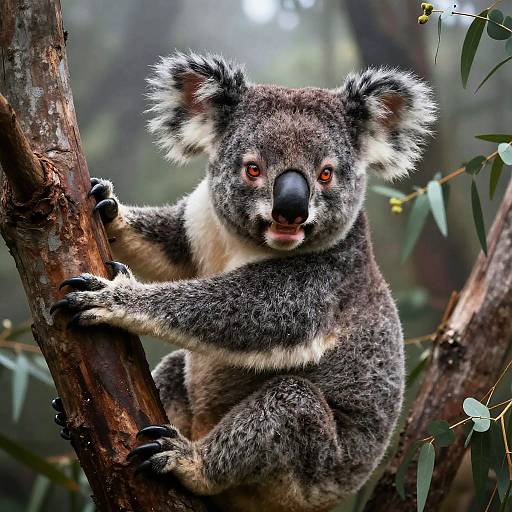 Photograph of a gray koala with white facial markings and large, round black nose, clinging to a tree branch in a dense, sunlit forest