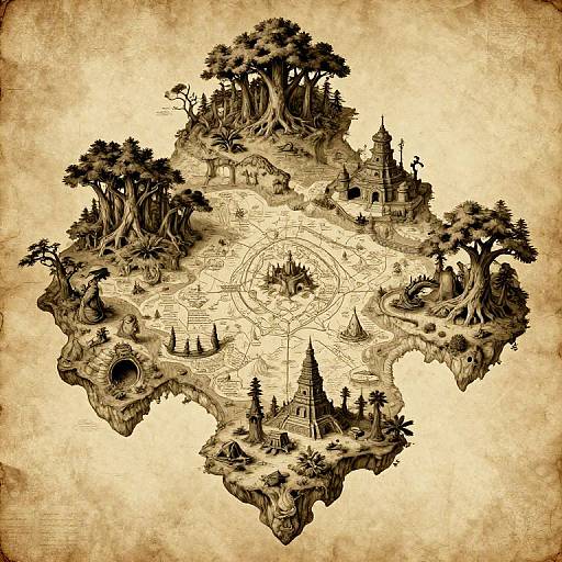 Sepia-toned, detailed ink drawing of a floating, fantasy island with intricate landscapes, trees, ruins, and a central circular design on textured parchment