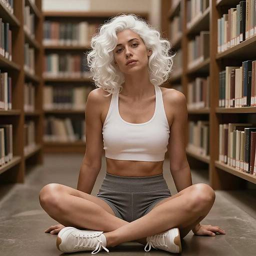Woman with White Curly Hair Sitting in Library