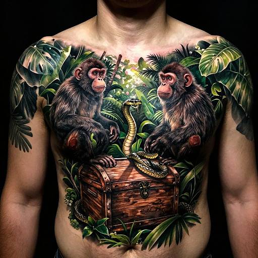 Tattoo of two detailed, realistic monkeys with lush green foliage and a wooden chest, featuring a snake, on a shirtless man's chest.