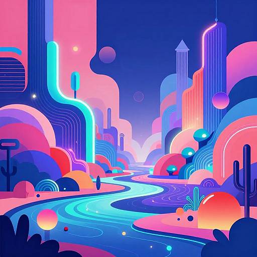 Digital artwork of a vibrant, neon-lit futuristic desert landscape with glowing colors, abstract geometric shapes, a winding blue river, and cacti.