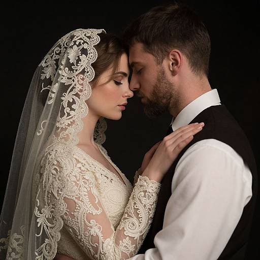 Photograph of a couple in a close, intimate pose. The bride in a lace wedding dress and veil, the groom in a black vest and white