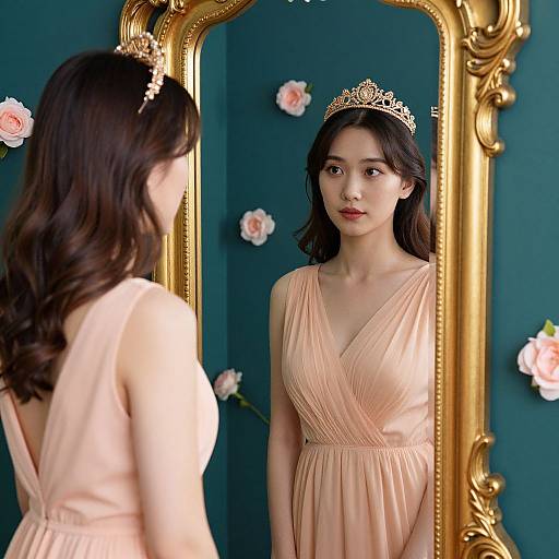 Photograph of an Asian woman with long black hair, wearing a pink V-neck dress and gold tiara, standing before an ornate gold mirror,