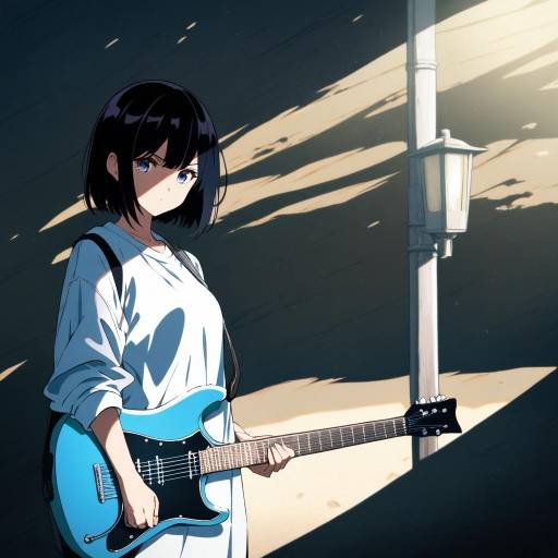 Solemn Anime Girl with Guitar at Beach Solemn Anime Girl with Guitar at Beach