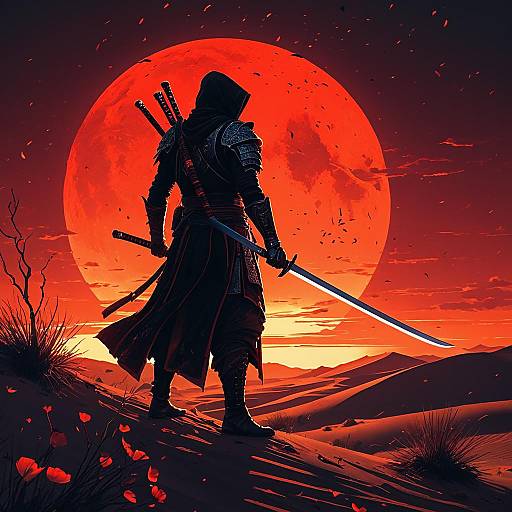 Arcane Desert Nomad with Katana at Red Sunset