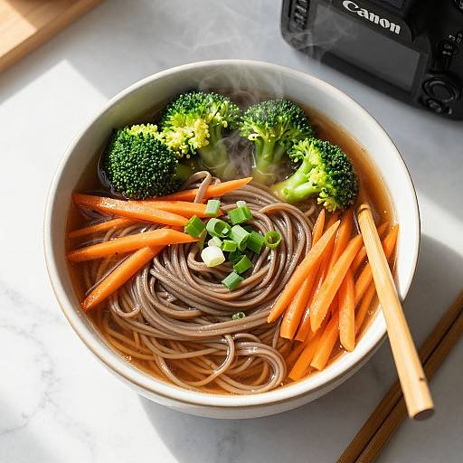 Overhead Veggie Soba Noodle Soup