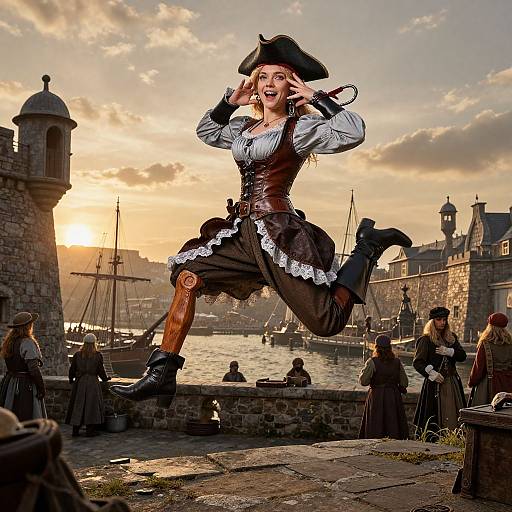 Photorealistic digital art: A joyful, large-breasted, fair-skinned woman in 17th-century pirate attire, with a tricorn hat