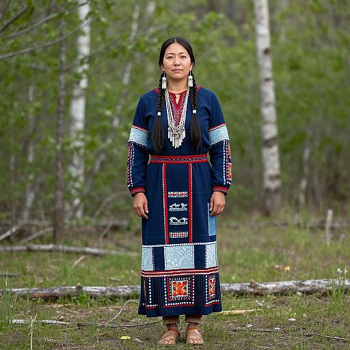 Photograph of a young Indigenous woman with long black hair, wearing a traditional dark blue embroidered dress, standing in a forest with birch trees and green