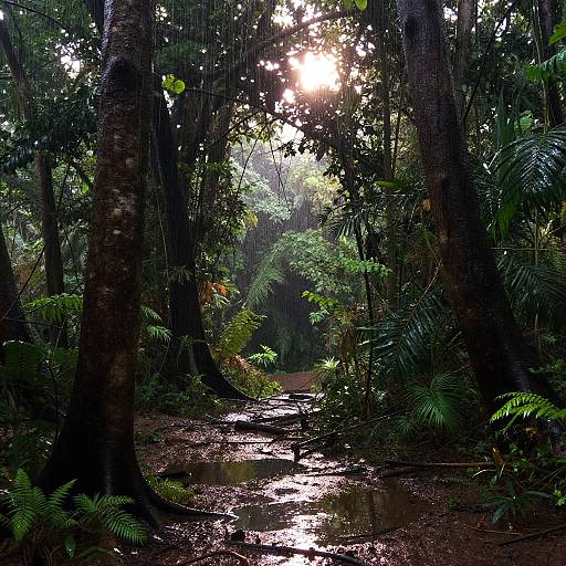 Photograph of a rain-soaked, lush tropical forest with sunlight filtering through dense, green foliage, creating a misty, reflective path.