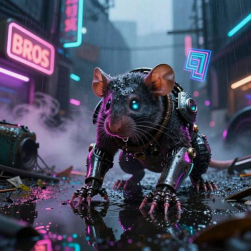 Cybernetic rat with glowing blue eyes and metallic limbs prowls a neon-lit, rain-soaked futuristic street, surrounded by vivid neon signs