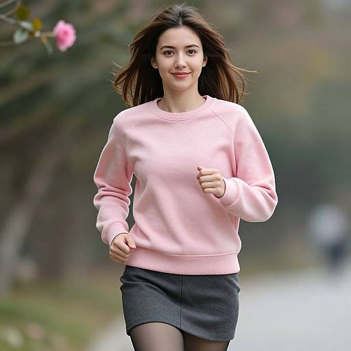 Photograph of a smiling young woman with long brown hair, wearing a light pink sweater, gray skirt, and black tights, jogging outdoors on a