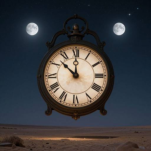Photograph of a floating vintage clock with illuminated face, Roman numerals, black hands, against a night sky with two full moons. Desert landscape below
