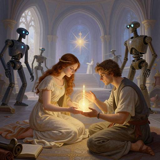 Digital painting: Red-haired woman and curly-haired man kneel, holding a glowing flame in a grand, arched, robotic-filled cathedral.