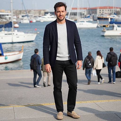 Man in Navy Harrington at Harbor