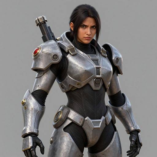 CGI image of a serious, dark-haired woman in sleek, silver, futuristic armor with a gun holster on her back, standing against a gray background