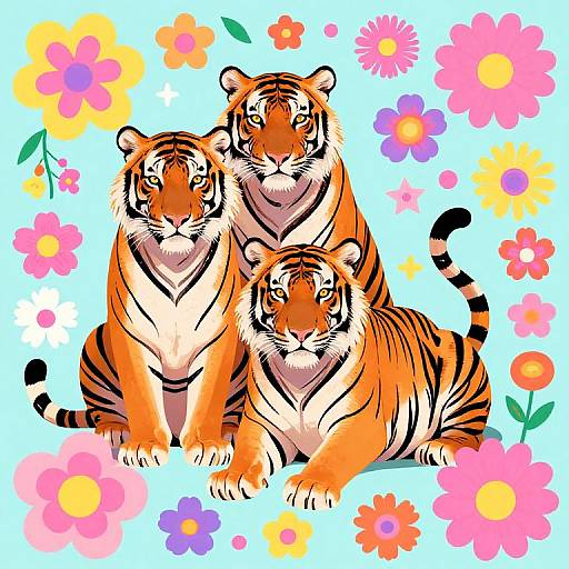 Digital illustration of three orange and black striped tigers sitting together, surrounded by colorful pink, yellow, and purple flowers on a light blue background.