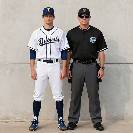 Photograph of a baseball player in white uniform and black cap, standing beside a coach in black shirt and gray pants.