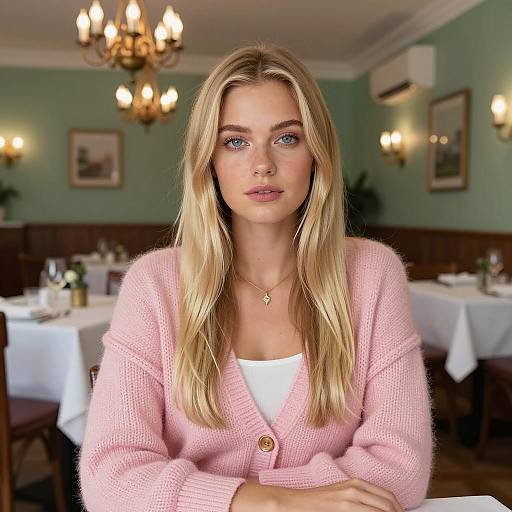Blonde Woman in Cozy Restaurant Setting