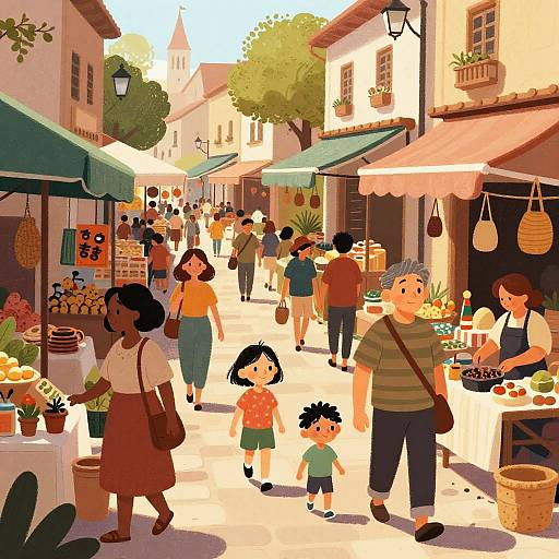 Pixel art of a bustling, sunlit street market with diverse shoppers, vendors, and colorful produce; warm, vibrant, and lively atmosphere.