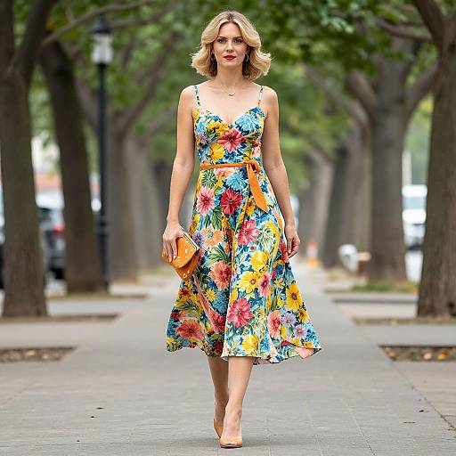 Photograph of a blonde woman in a colorful floral dress, holding an orange clutch, walking down a tree-lined city sidewalk.