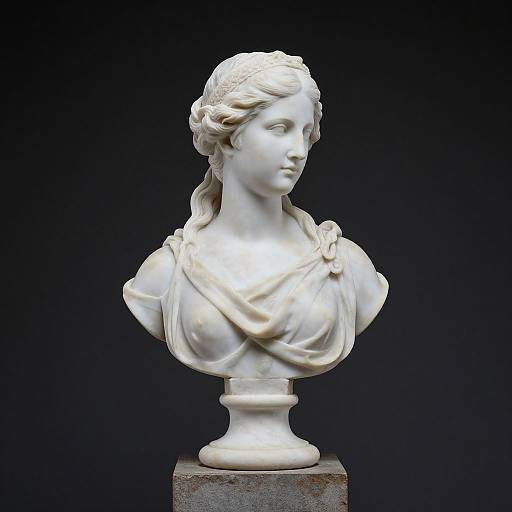 Photograph of a classical marble bust of a young woman with detailed hair, draped in a cloth, against a dark background.