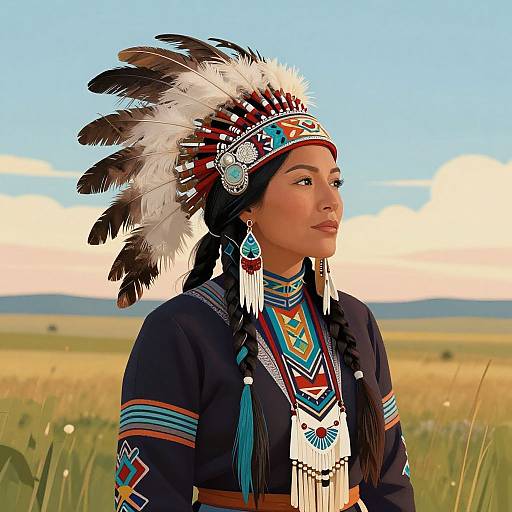 Photograph of a Native American woman with braided hair, wearing a colorful feathered headdress, traditional beaded blouse, and turquoise earrings, standing