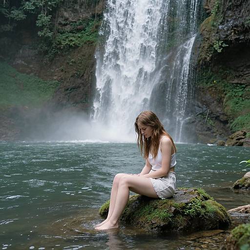 Photograph of a young woman with wet, brown hair, wearing a white, lace dress, sitting on a mossy rock in front of a casc