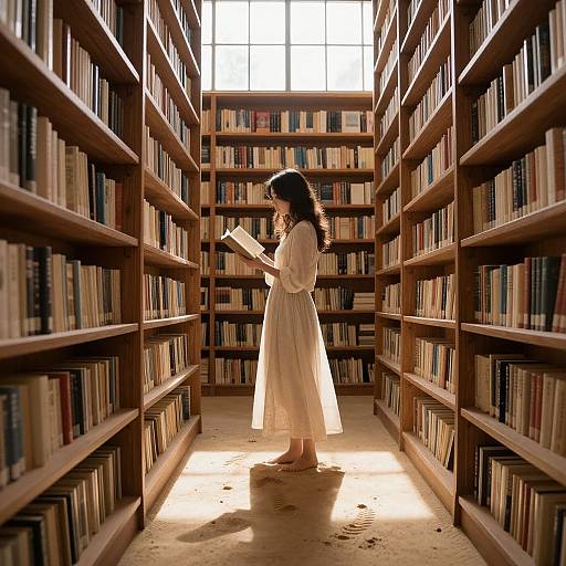 Photograph of a woman in a white dress, standing in a sunlit library aisle, reading a book, surrounded by tall wooden bookshelves.