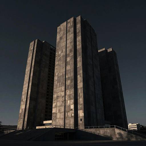 Photograph of a towering, dark concrete building with vertical columns, illuminated by sunlight against a deep blue twilight sky.