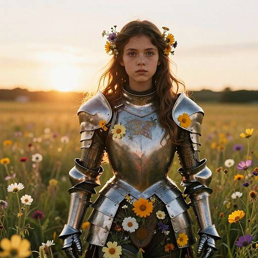 Photograph of a young girl with long brown hair, wearing silver armor adorned with flowers, standing in a sunlit meadow filled with wildflowers at