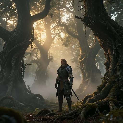 Digital fantasy artwork of a armored warrior standing in a misty, sunlit forest with twisted, ancient trees; sunlight filters through leaves. Warrior holds a