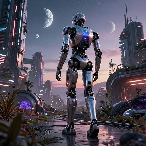 CGI image of a silver robot standing in a futuristic, neon-lit cityscape at sunset, with moons in the starry sky.