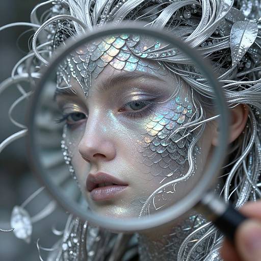 Photograph of a silver-haired woman with scale-like face makeup, wearing a metallic headpiece, viewed through a magnifying glass. Her reflective scales and