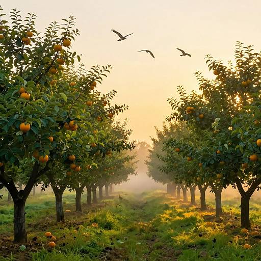 Photograph of a sunlit orange grove at dawn, with rows of trees bearing ripe oranges, green grass, and birds flying overhead.