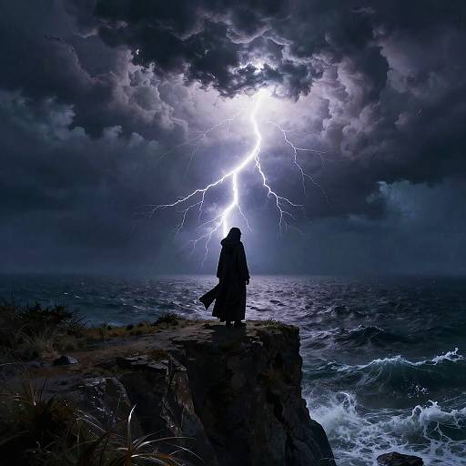 Silhouetted figure stands on rocky cliff, watching intense lightning bolt strike stormy ocean under dark, dramatic clouds. Digital artwork.
