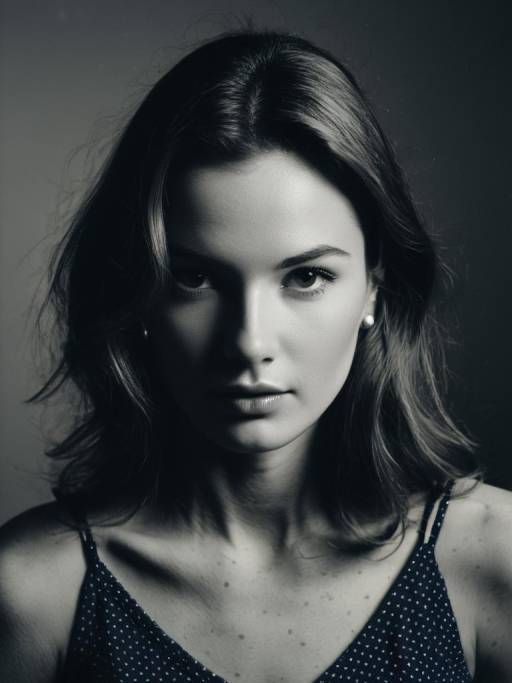 Black and White Portrait of Woman in Polka Dot Camisole