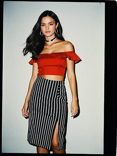 Woman in Red Off-Shoulder Top and Striped Skirt