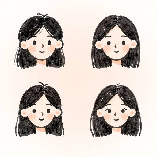 Four digital cartoon drawings of a smiling Asian woman with black hair, round cheeks, and simple black eyes, arranged in a 2x2 grid.