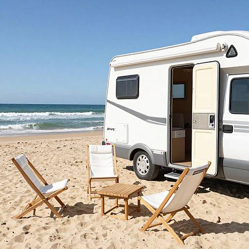 Photograph of a white RV parked on a sunny beach with three wooden deck chairs and a small table facing the ocean.