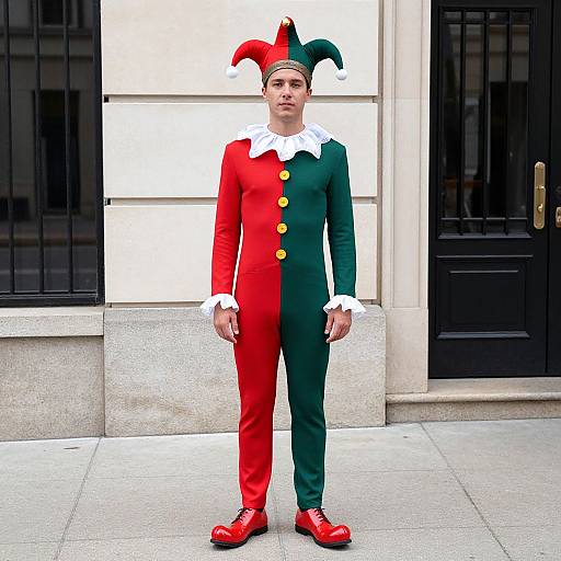 Man in Jester Costume on Sidewalk