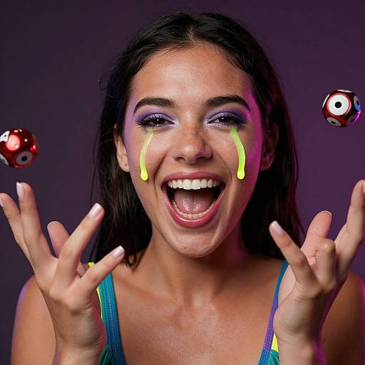 Photograph of a smiling woman with glowing yellow face paint, black hair, blue top, and two floating red and white eyeballs.