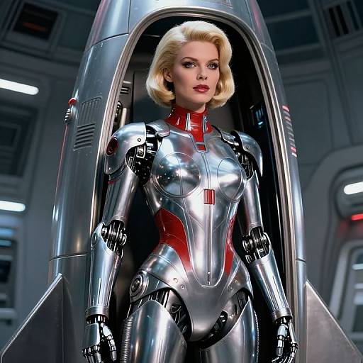 Blonde woman in a shiny, metallic, red-accented robot suit stands confidently in a futuristic spaceship cockpit, looking forward. (Photorealistic