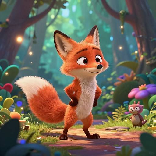 Digital illustration of a cute, anthropomorphic red fox with a white-tipped tail, standing confidently in a vibrant, magical forest. Background features colorful flowers
