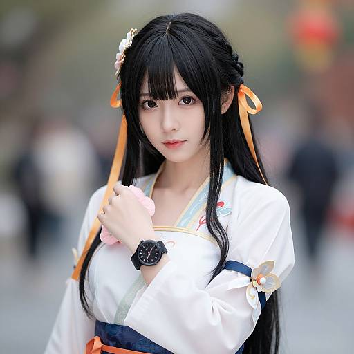 Photograph of an East Asian woman with long black hair, wearing a white kimono with orange ribbons and floral accessories, standing outdoors with a blurred